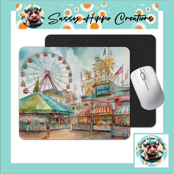 Mouse Pad Boardwalk Ferris Wheel Carnival Anti Slip Back Easy Clean Durable - Picture 1 of 4